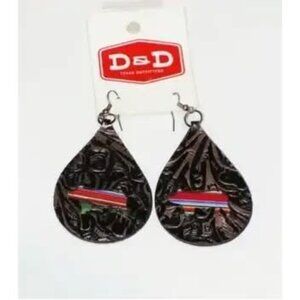 New $26 Floral Tooled Leather Inlay Striped Pig Drop Earrings